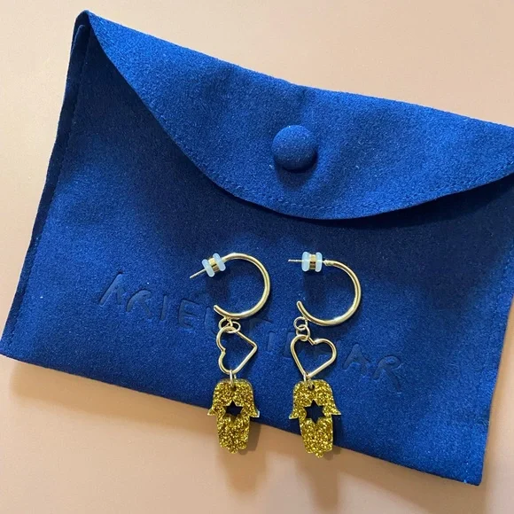 NEW Ariel Tidhar Judaica Hamsa Magen Sparkly Gold Hoop Earrings - Picture 3 of 4